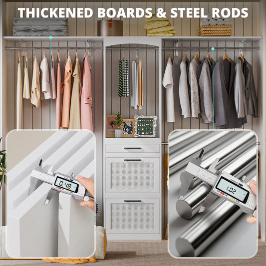 PatioPerk® Closet System with Drawers - 8FT Walk in Closets Organizer with Jewelry Box, 96" Wooden Storage Systems with 3 Hanging Pods, Built-in Garment Rack for Bedroom