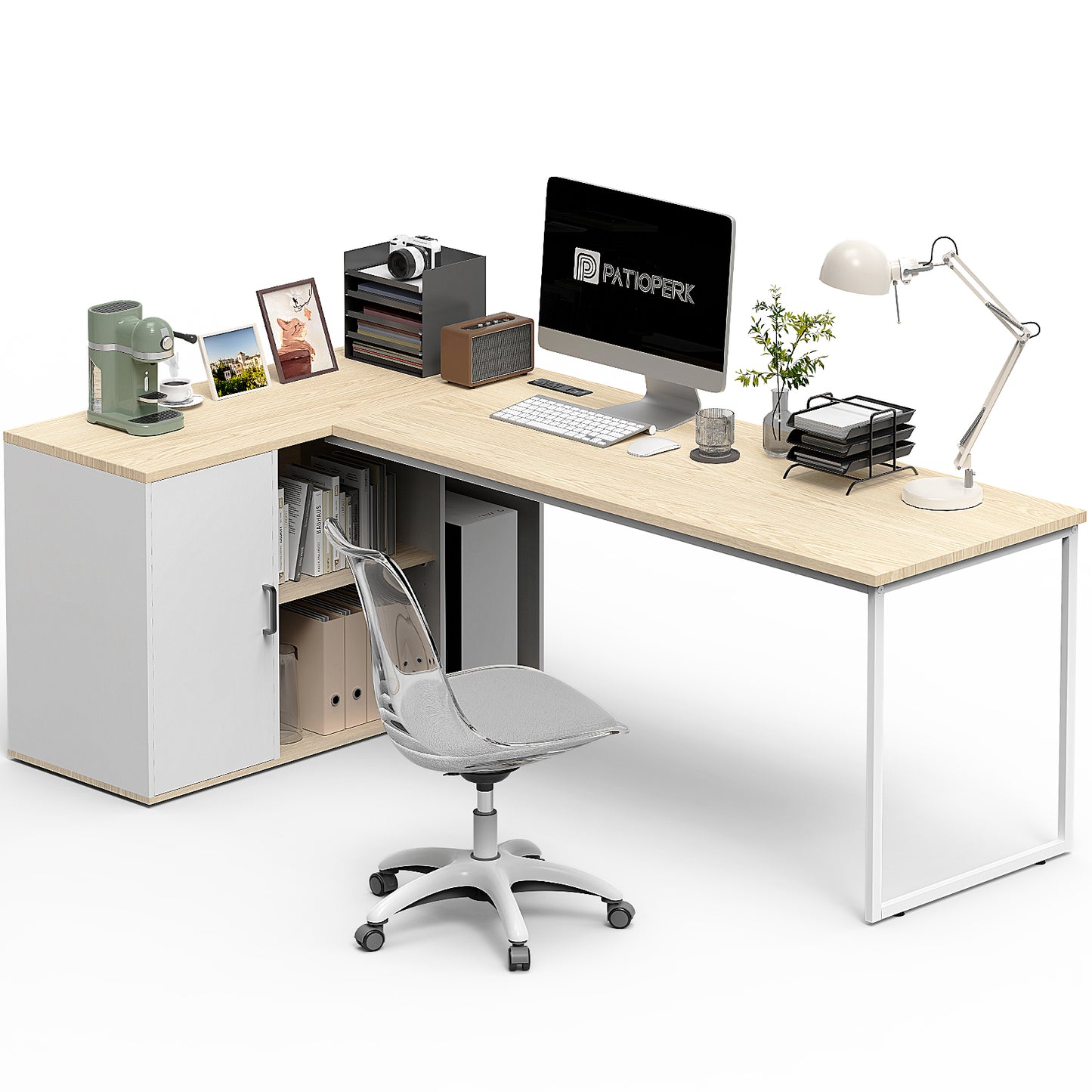 L-Shaped Executive Desk with Power Outlets and Filing Cabinet – 71" Corner Office Desk with Storage and Charging Station