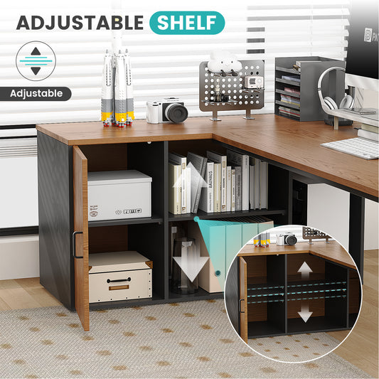 L-Shaped Executive Desk with Power Outlets and Filing Cabinet – 71" Corner Office Desk with Storage and Charging Station