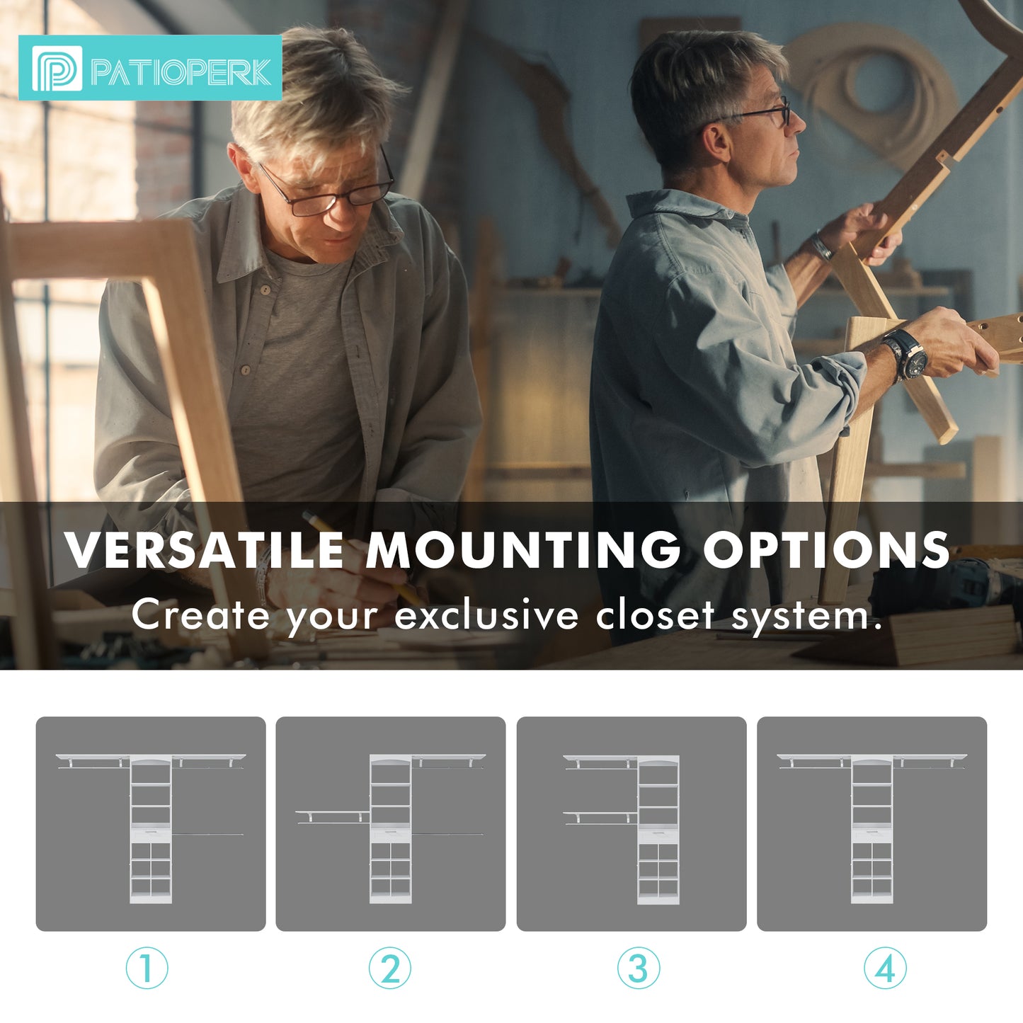 PatioPerk® Closet System with Drawers, 8FT Walk in Closets Organizer with 3 Shelving Towers, 96" Wooden Storage Systems with Hanging Pods, Built-in Garment Rack for Bedroom