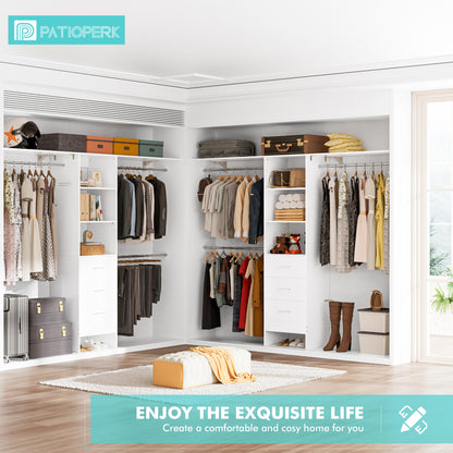 PatioPerk® 8FT Walk-In Closet Organizer for Bedroom, Pure White Wood Storage System with 3 Drawers, 3 Shelving Units & 3 Hanging Rods