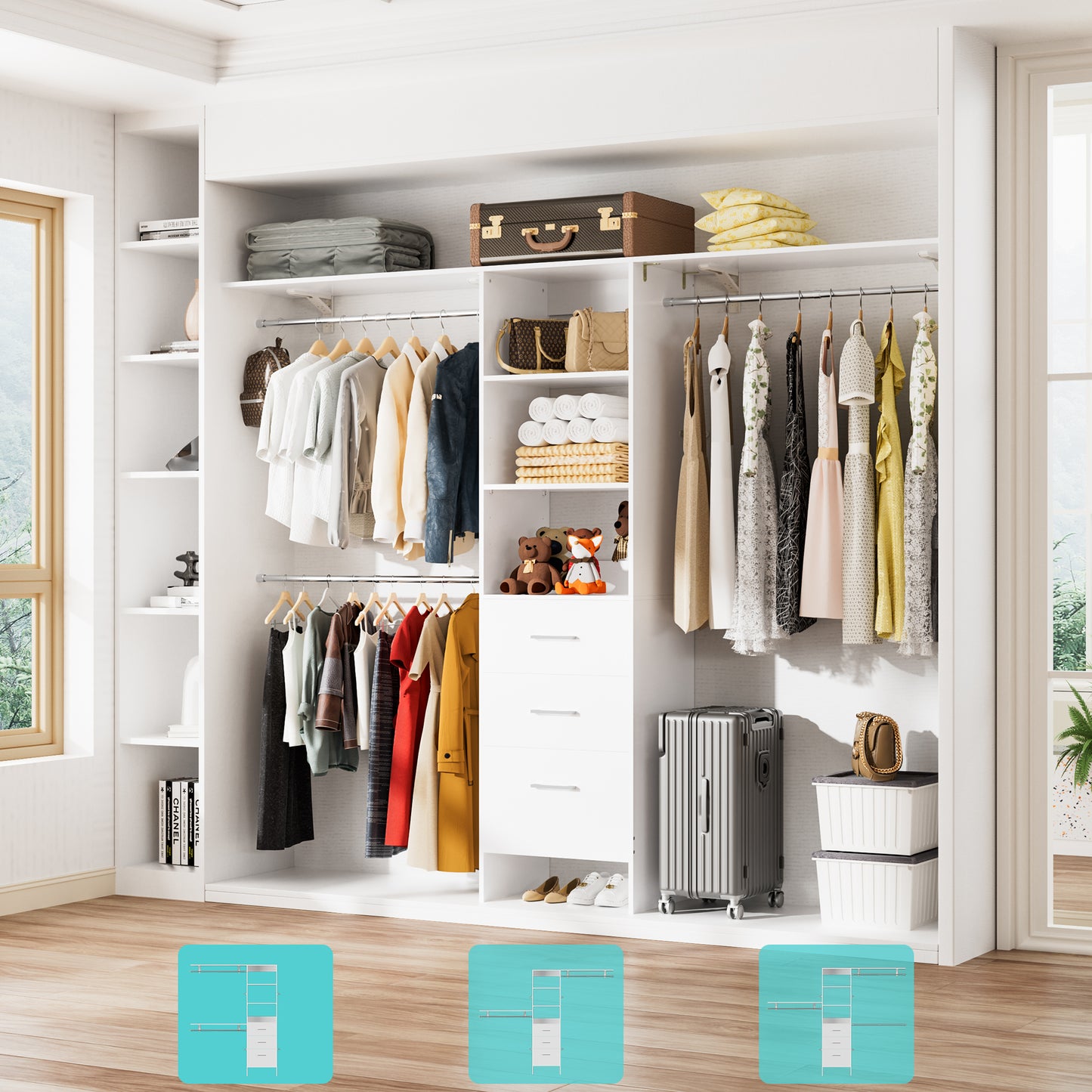 PatioPerk® 8FT Walk-In Closet Organizer for Bedroom, Pure White Wood Storage System with 3 Drawers, 3 Shelving Units & 3 Hanging Rods