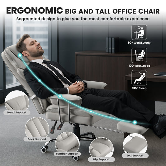 Big and Tall Office Chair with Footrest - Ergonomic PU Leather Executive Desk Chair, Adjustable Lumbar Support Pillow and Easy and Clean Design