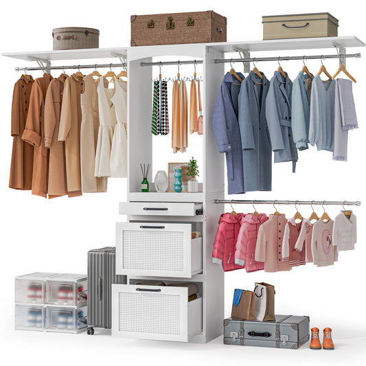 PatioPerk® Closet System with Drawers - 8FT Walk in Closets Organizer with Jewelry Box, 96" Wooden Storage Systems with 3 Hanging Pods, Built-in Garment Rack for Bedroom