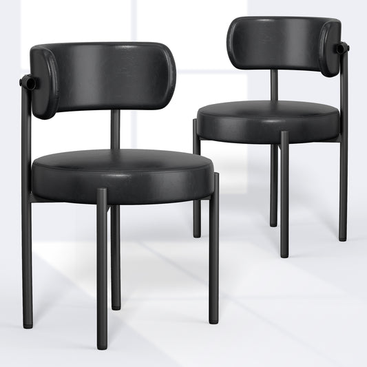 Leather Dining Chairs Set of 2, Black Mid Century Morden Chair with Curved Backrest, Round Upholstered Sherpa with Metal Legs, Suitable for Various Kitchen Styles