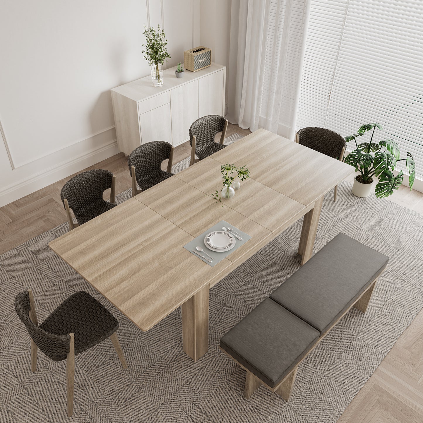 Extendable Dining Room Table for 6-10 Person, Plank and Beam Farmhouse Large Rectangular Kitchen Tables for Living Meeting Room