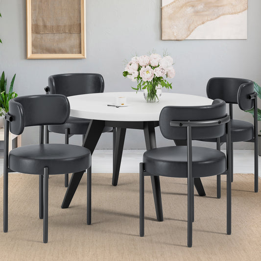 Leather Dining Chairs Set of 2, Black Mid Century Morden Chair with Curved Backrest, Round Upholstered Sherpa with Metal Legs, Suitable for Various Kitchen Styles