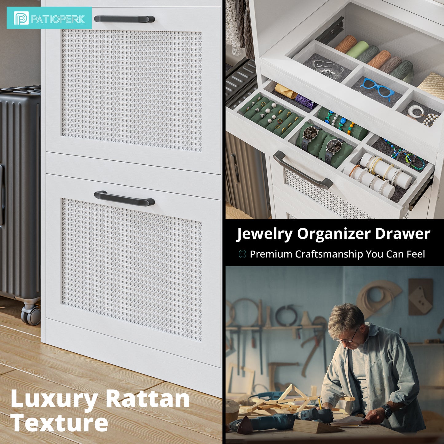 PatioPerk® Closet System with Drawers - 8FT Walk in Closets Organizer with Jewelry Box, 96" Wooden Storage Systems with 3 Hanging Pods, Built-in Garment Rack for Bedroom