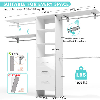 PatioPerk® 8FT Walk-In Closet Organizer for Bedroom, Pure White Wood Storage System with 3 Drawers, 3 Shelving Units & 3 Hanging Rods