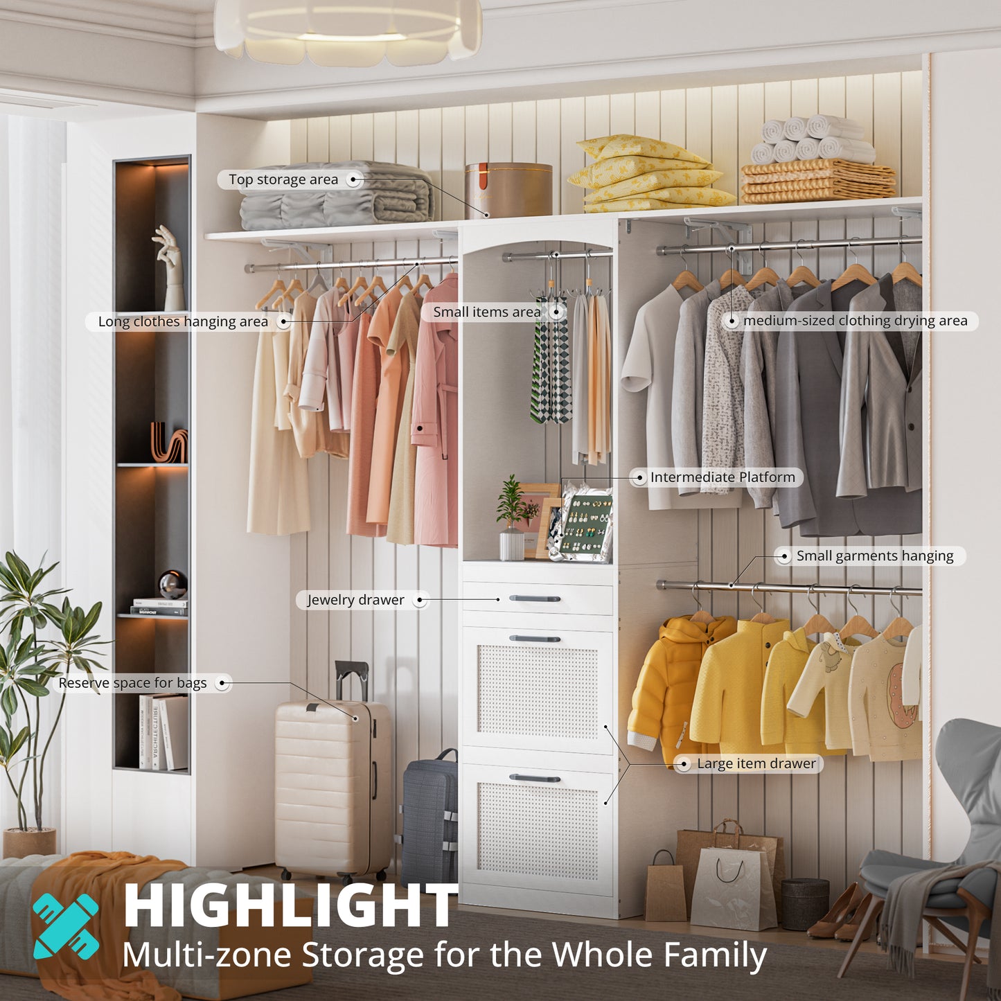 PatioPerk® Closet System with Drawers - 8FT Walk in Closets Organizer with Jewelry Box, 96" Wooden Storage Systems with 3 Hanging Pods, Built-in Garment Rack for Bedroom