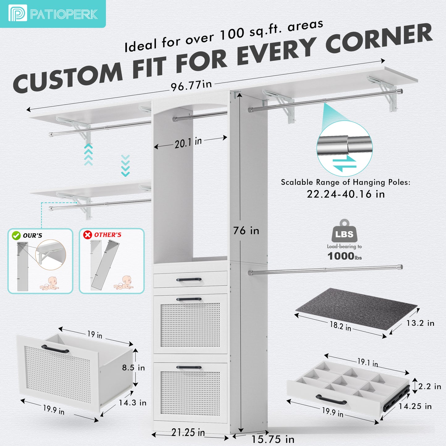 PatioPerk® Closet System with Drawers - 8FT Walk in Closets Organizer with Jewelry Box, 96" Wooden Storage Systems with 3 Hanging Pods, Built-in Garment Rack for Bedroom