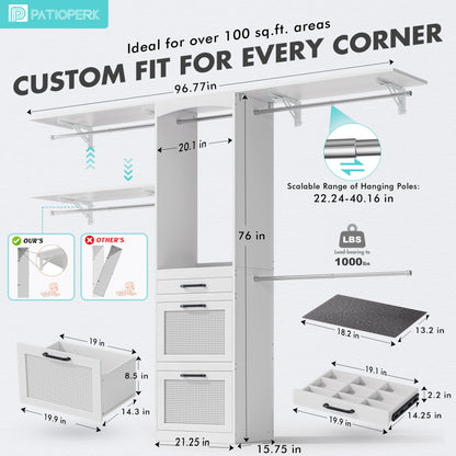PatioPerk® Closet System with Drawers - 8FT Walk in Closets Organizer with Jewelry Box, 96" Wooden Storage Systems with 3 Hanging Pods, Built-in Garment Rack for Bedroom