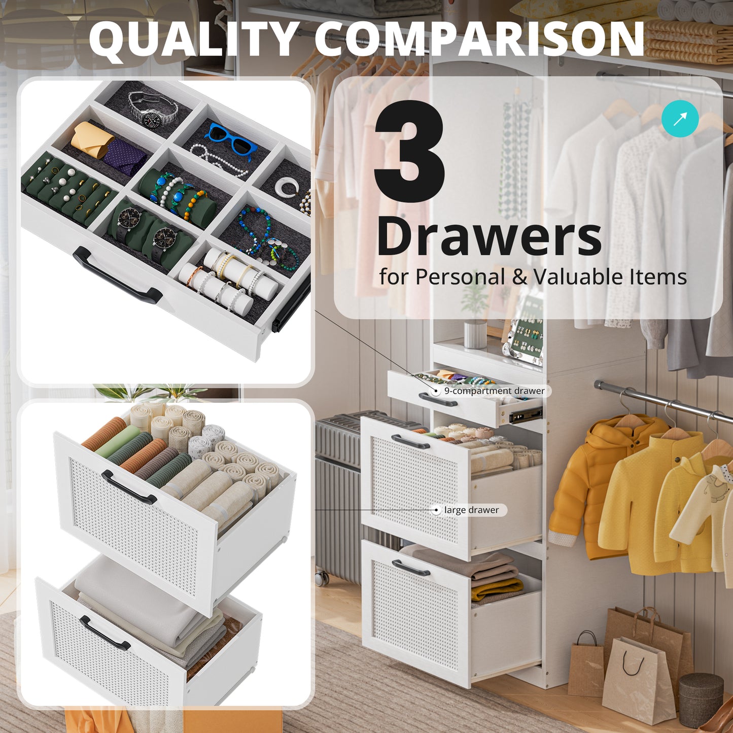 PatioPerk® Closet System with Drawers - 8FT Walk in Closets Organizer with Jewelry Box, 96" Wooden Storage Systems with 3 Hanging Pods, Built-in Garment Rack for Bedroom