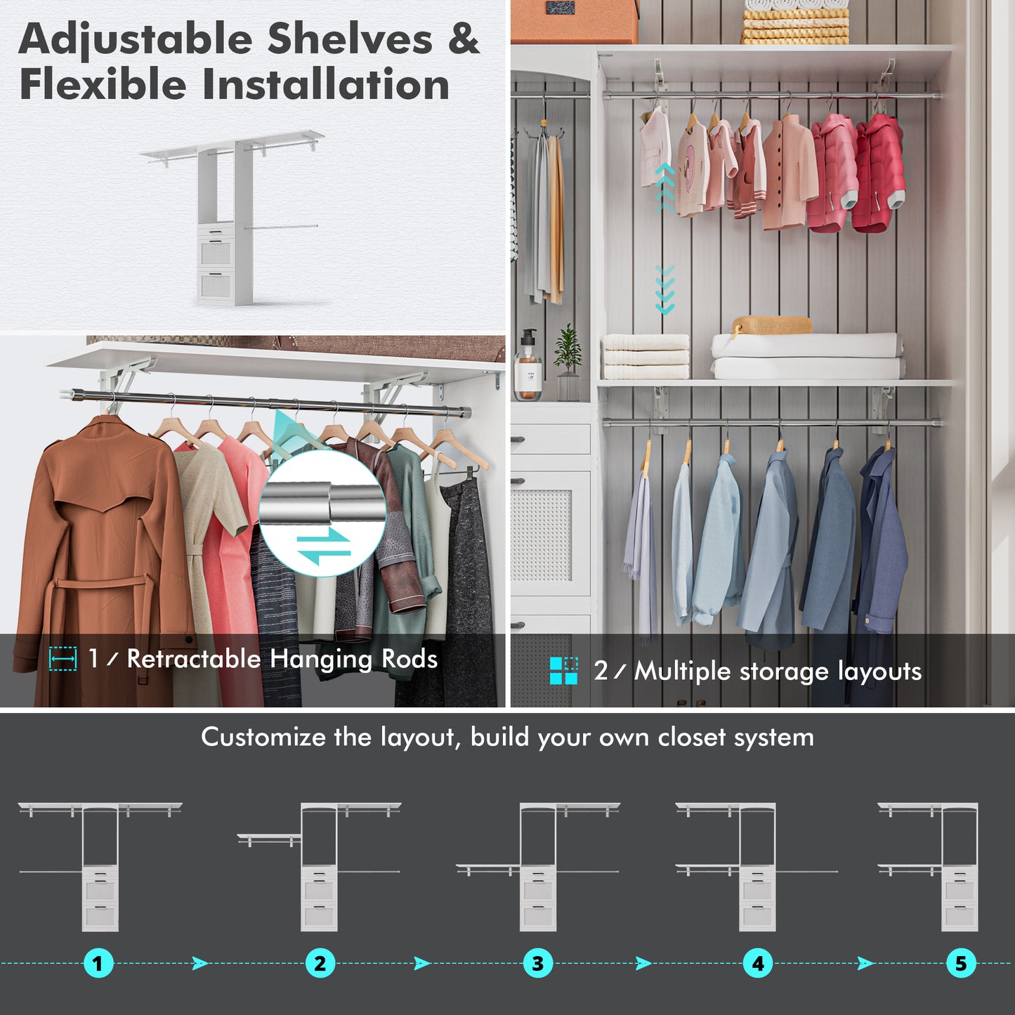 PatioPerk® Closet System with Drawers - 8FT Walk in Closets Organizer with Jewelry Box, 96" Wooden Storage Systems with 3 Hanging Pods, Built-in Garment Rack for Bedroom