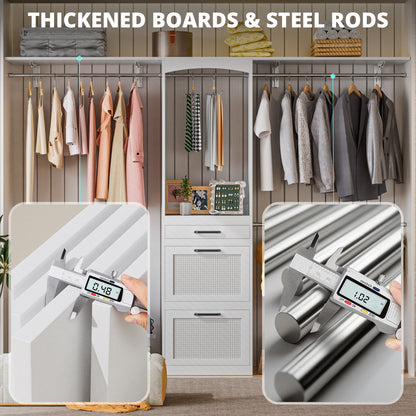 PatioPerk® Closet System with Drawers - 8FT Walk in Closets Organizer with Jewelry Box, 96" Wooden Storage Systems with 3 Hanging Pods, Built-in Garment Rack for Bedroom