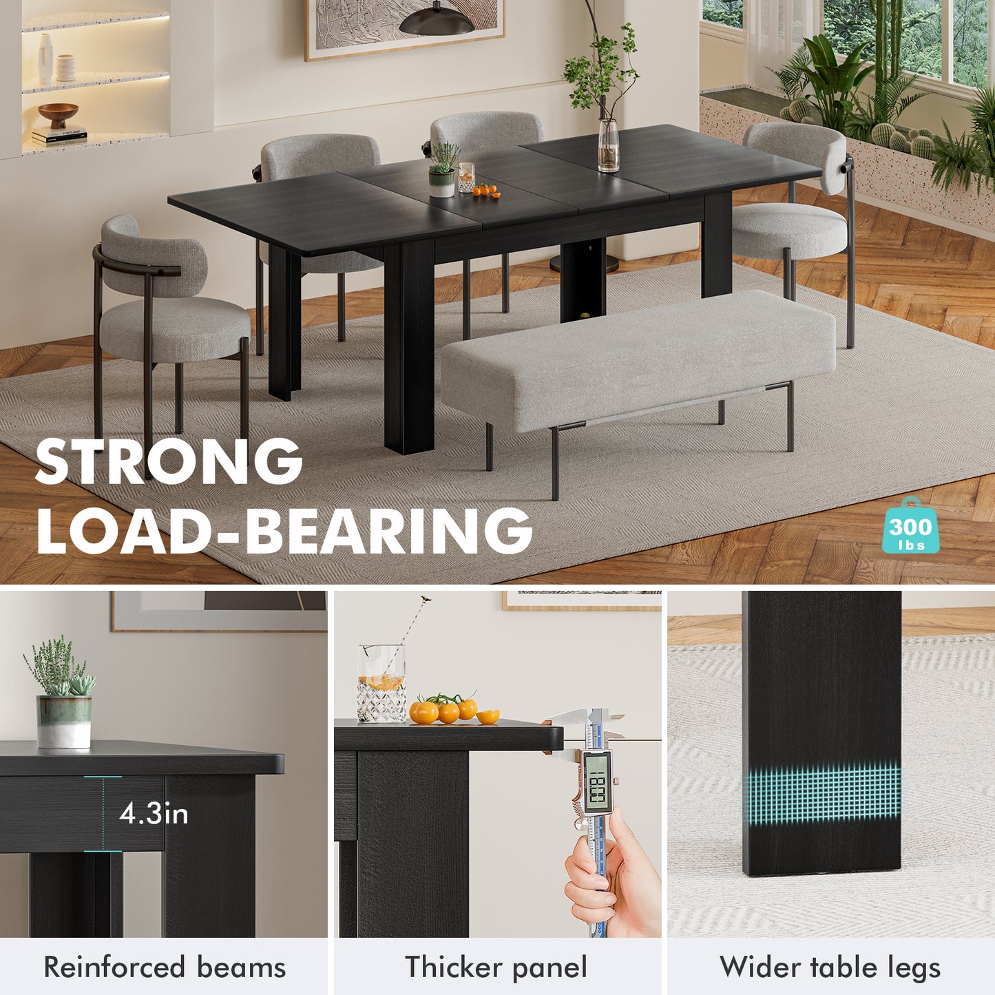 Extendable Dining Room Table for 6-10 Person, Plank and Beam Farmhouse Large Rectangular Kitchen Tables for Living Meeting Room