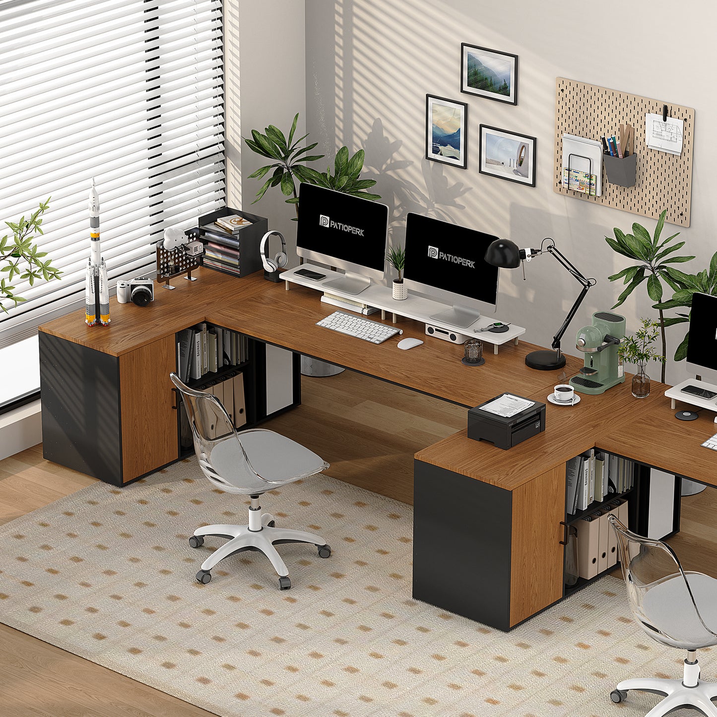 L-Shaped Executive Desk with Power Outlets and Filing Cabinet – 71" Corner Office Desk with Storage and Charging Station