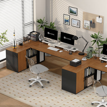 L-Shaped Executive Desk with Power Outlets and Filing Cabinet – 71" Corner Office Desk with Storage and Charging Station