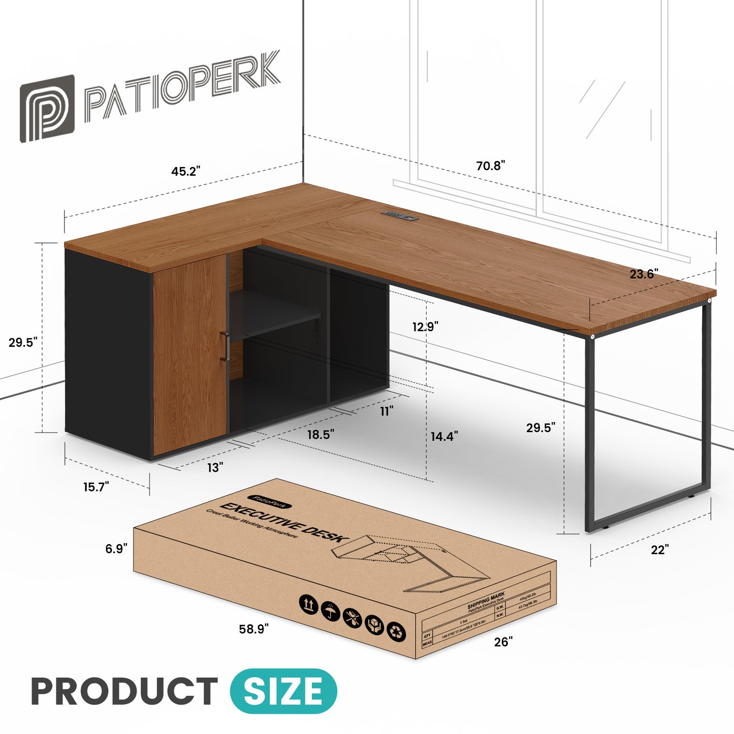 L-Shaped Executive Desk with Power Outlets and Filing Cabinet – 71" Corner Office Desk with Storage and Charging Station