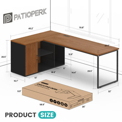 L-Shaped Executive Desk with Power Outlets and Filing Cabinet – 71" Corner Office Desk with Storage and Charging Station