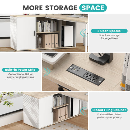 L-Shaped Executive Desk with Power Outlets and Filing Cabinet – 71" Corner Office Desk with Storage and Charging Station