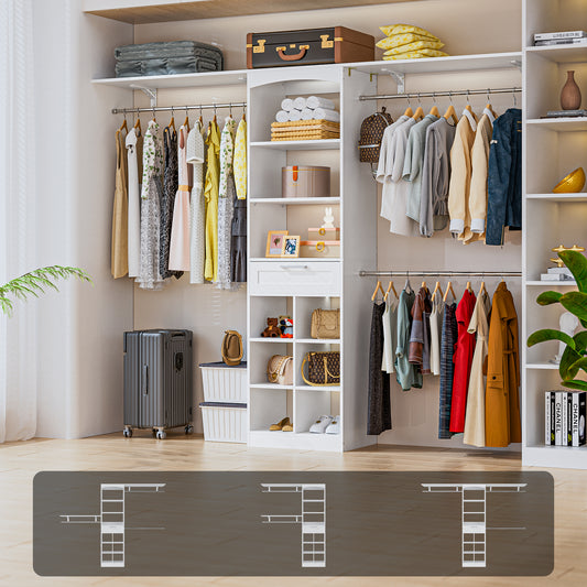 PatioPerk® Closet System with Drawers, 8FT Walk in Closets Organizer with 3 Shelving Towers, 96" Wooden Storage Systems with Hanging Pods, Built-in Garment Rack for Bedroom