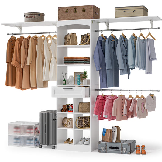 PatioPerk® Closet System with Drawers, 8FT Walk in Closets Organizer with 3 Shelving Towers, 96" Wooden Storage Systems with Hanging Pods, Built-in Garment Rack for Bedroom