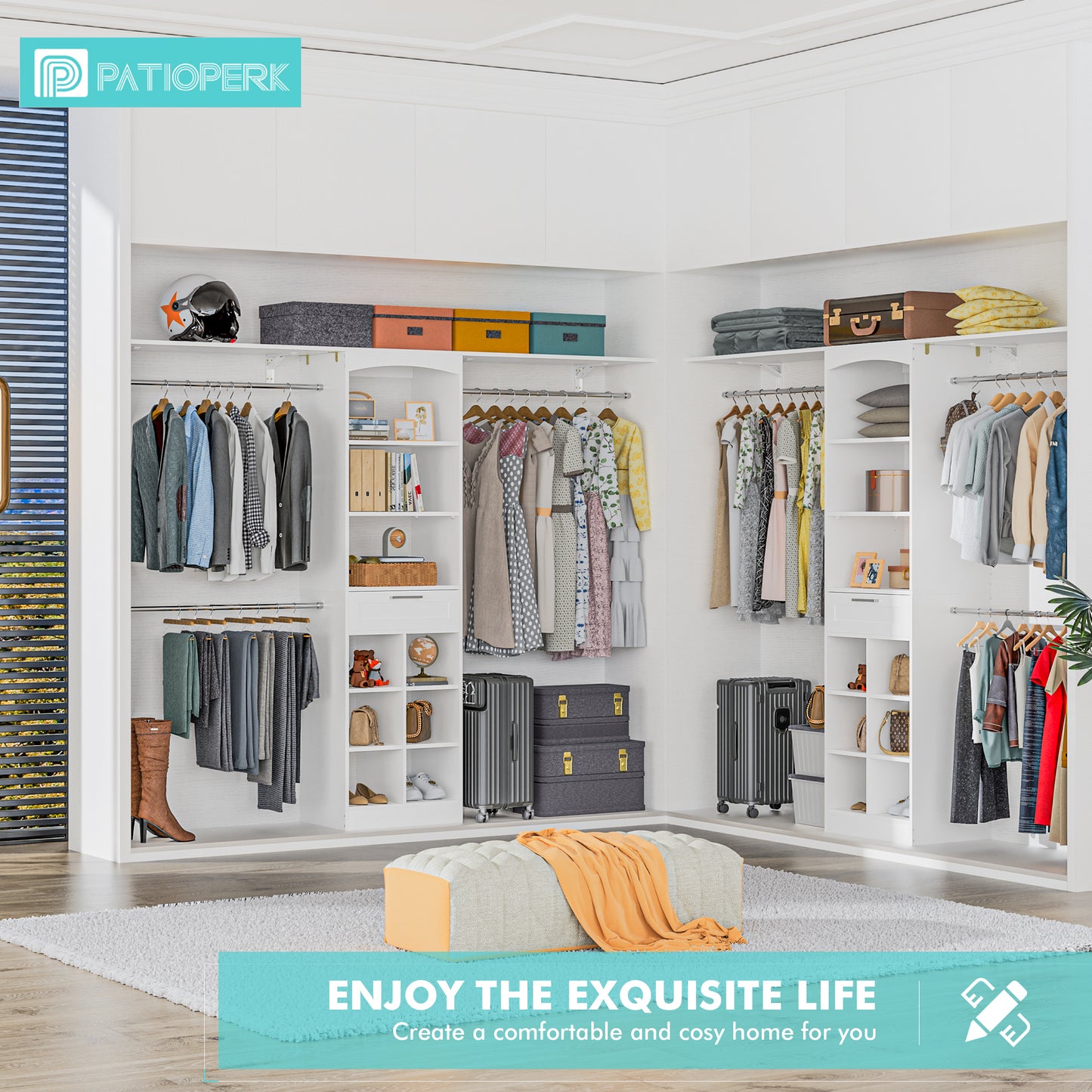 PatioPerk® Closet System with Drawers, 8FT Walk in Closets Organizer with 3 Shelving Towers, 96" Wooden Storage Systems with Hanging Pods, Built-in Garment Rack for Bedroom