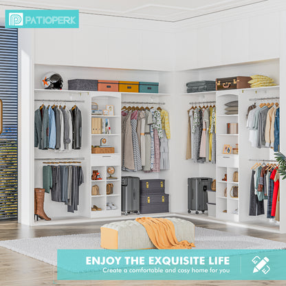 PatioPerk® Closet System with Drawers, 8FT Walk in Closets Organizer with 3 Shelving Towers, 96" Wooden Storage Systems with Hanging Pods, Built-in Garment Rack for Bedroom