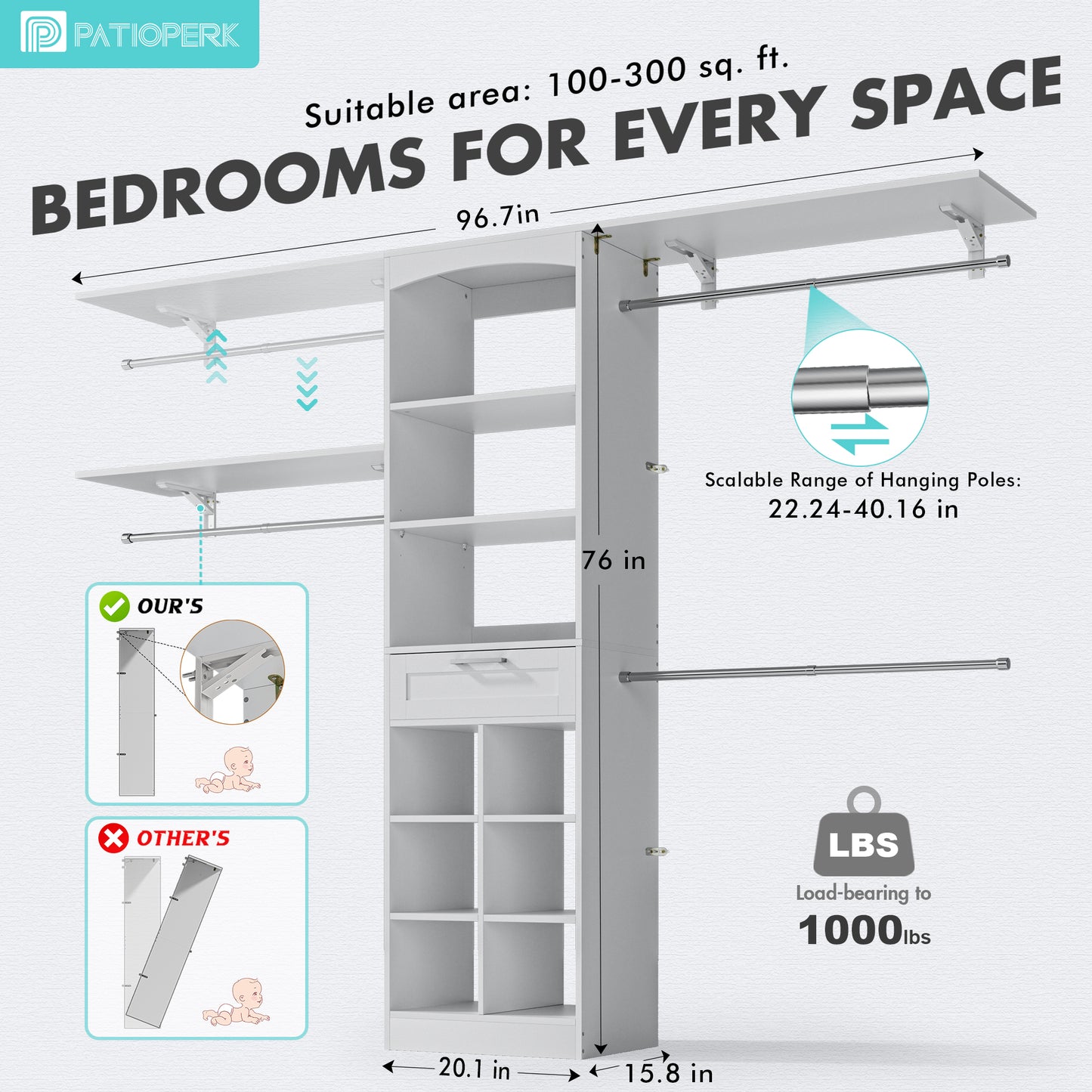 PatioPerk® Closet System with Drawers, 8FT Walk in Closets Organizer with 3 Shelving Towers, 96" Wooden Storage Systems with Hanging Pods, Built-in Garment Rack for Bedroom