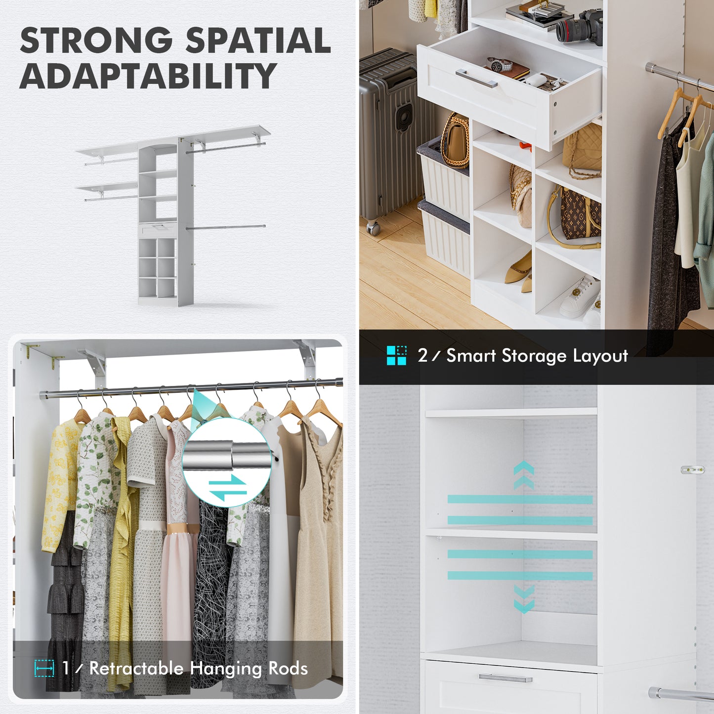 PatioPerk® Closet System with Drawers, 8FT Walk in Closets Organizer with 3 Shelving Towers, 96" Wooden Storage Systems with Hanging Pods, Built-in Garment Rack for Bedroom