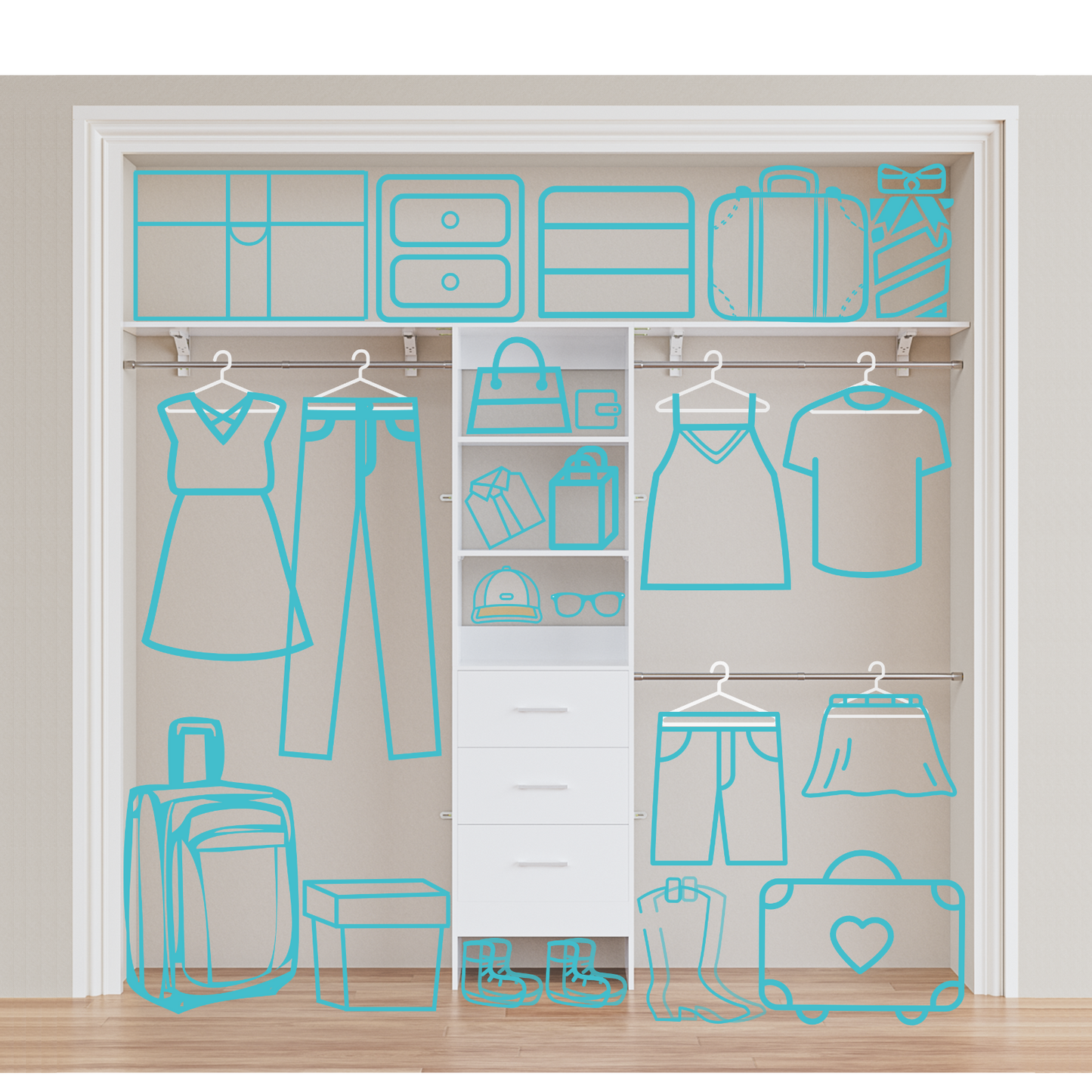 PatioPerk® 8FT Walk-In Closet Organizer for Bedroom, Pure White Wood Storage System with 3 Drawers, 3 Shelving Units & 3 Hanging Rods