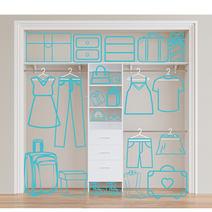 PatioPerk® 8FT Walk-In Closet Organizer for Bedroom, Pure White Wood Storage System with 3 Drawers, 3 Shelving Units & 3 Hanging Rods