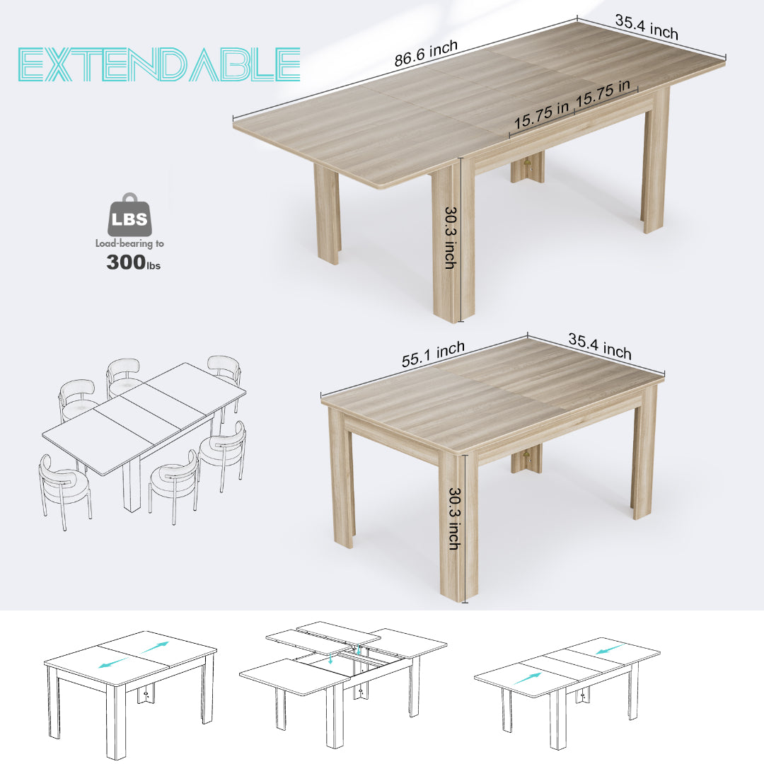 Extendable Dining Room Table for 6-10 Person, Plank and Beam Farmhouse Large Rectangular Kitchen Tables for Living Meeting Room