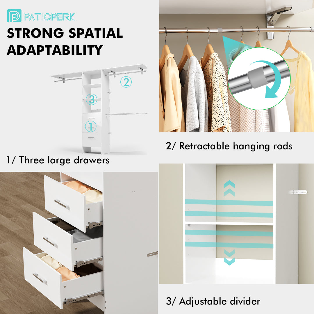 PatioPerk® 8FT Walk-In Closet Organizer for Bedroom, Pure White Wood Storage System with 3 Drawers, 3 Shelving Units & 3 Hanging Rods