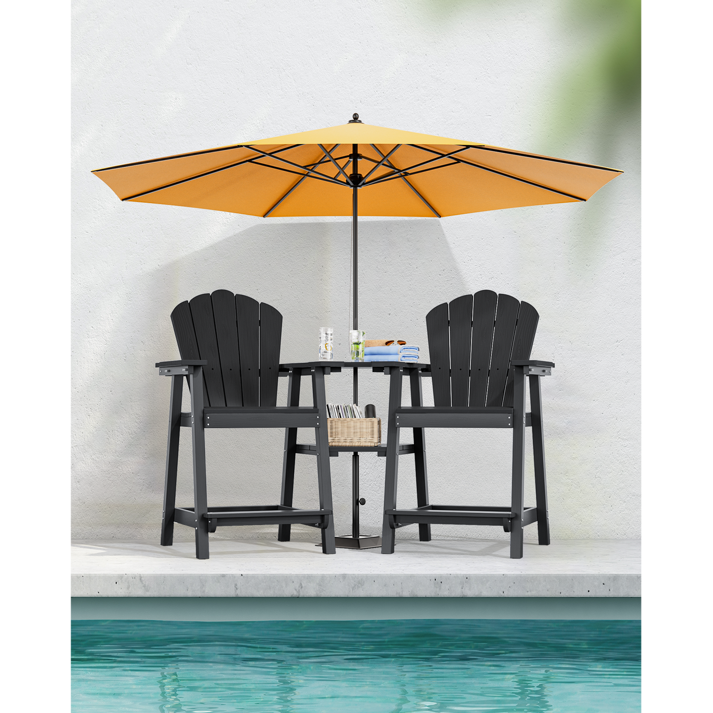 Bar Height HDPE Tall Adirondack Chair Set of 2 with Built-in Shelved Table & Umbrella Slot