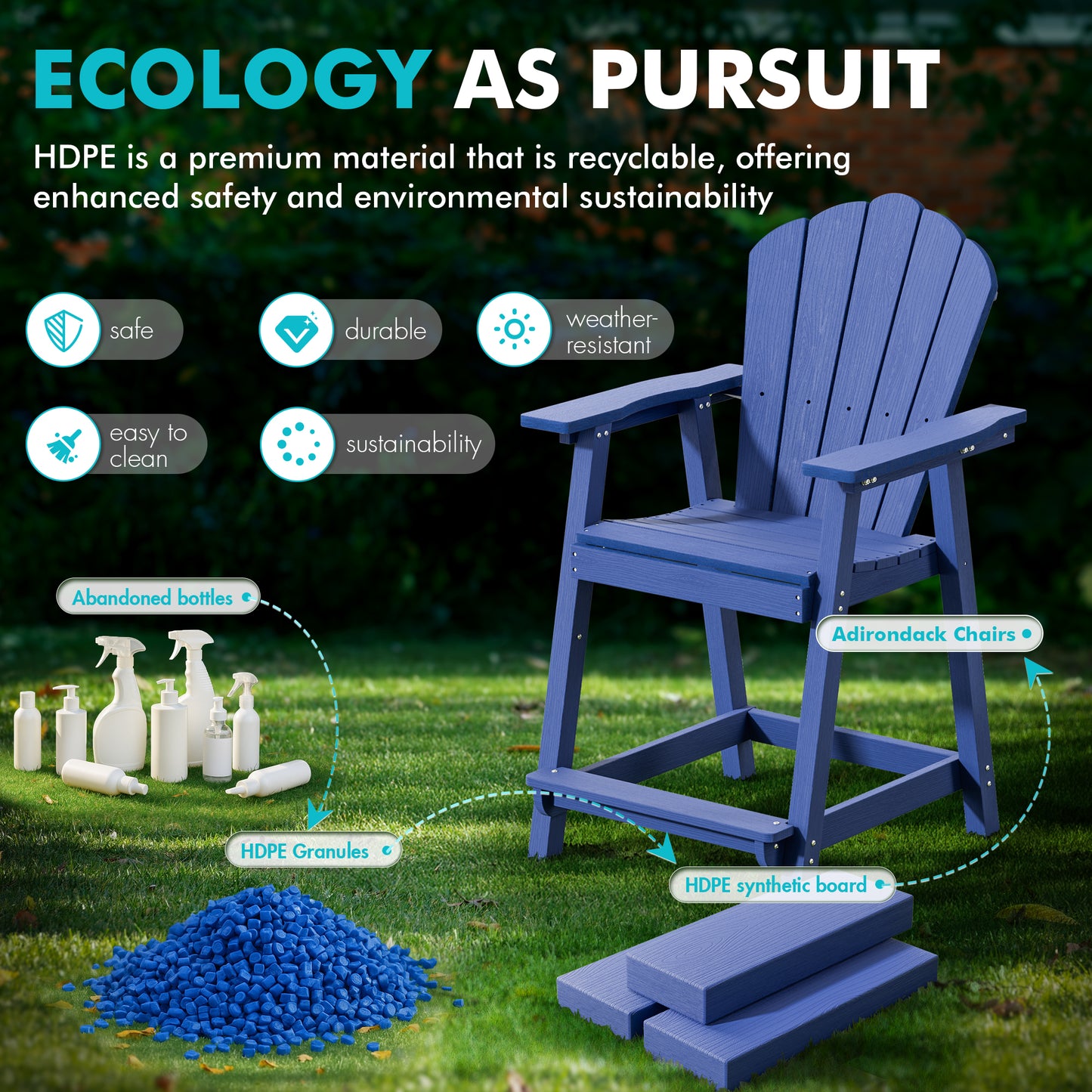Bar Height HDPE Tall Adirondack Chair Set of 2 with Built-in Shelved Table & Umbrella Slot