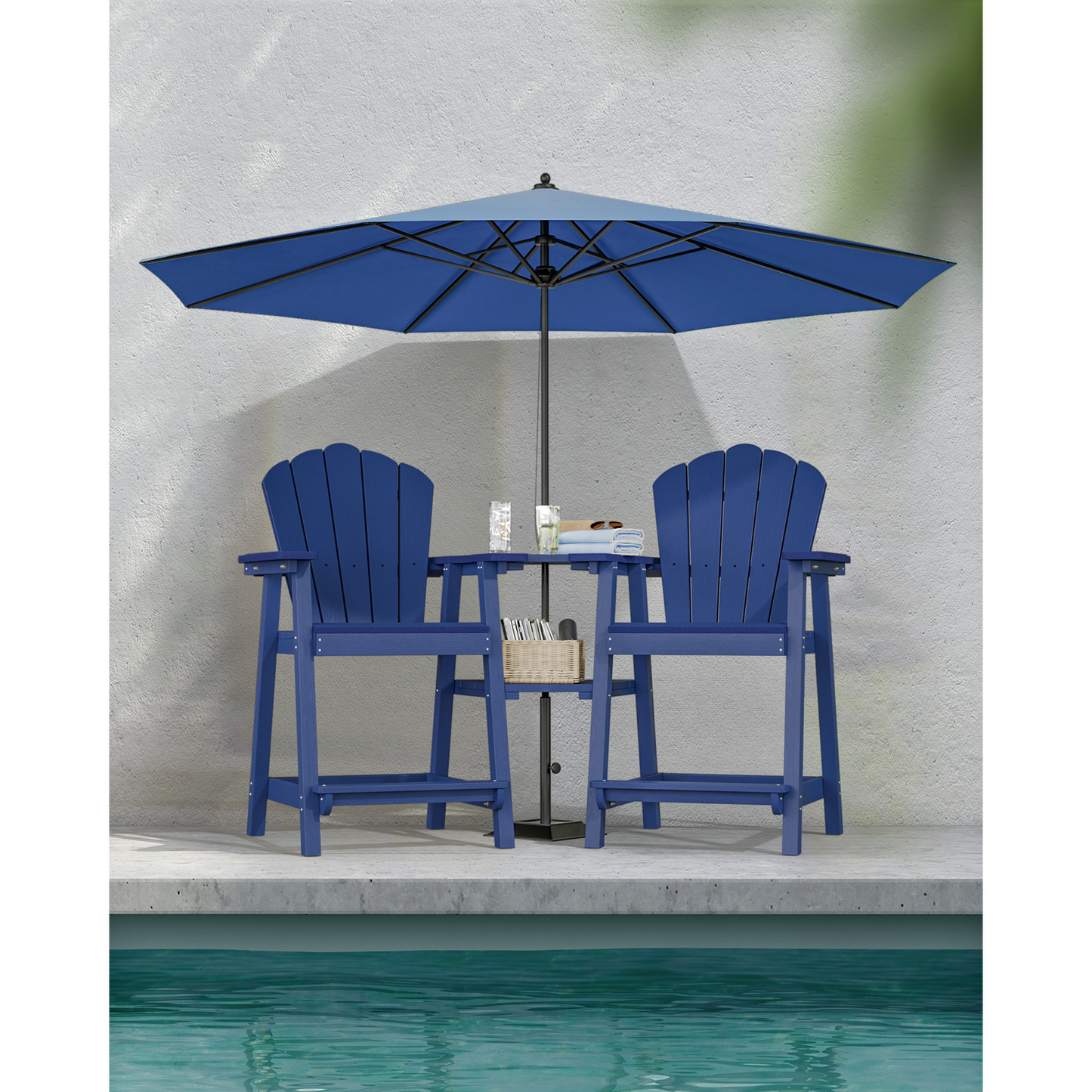 Bar Height HDPE Tall Adirondack Chair Set of 2 with Built-in Shelved Table & Umbrella Slot