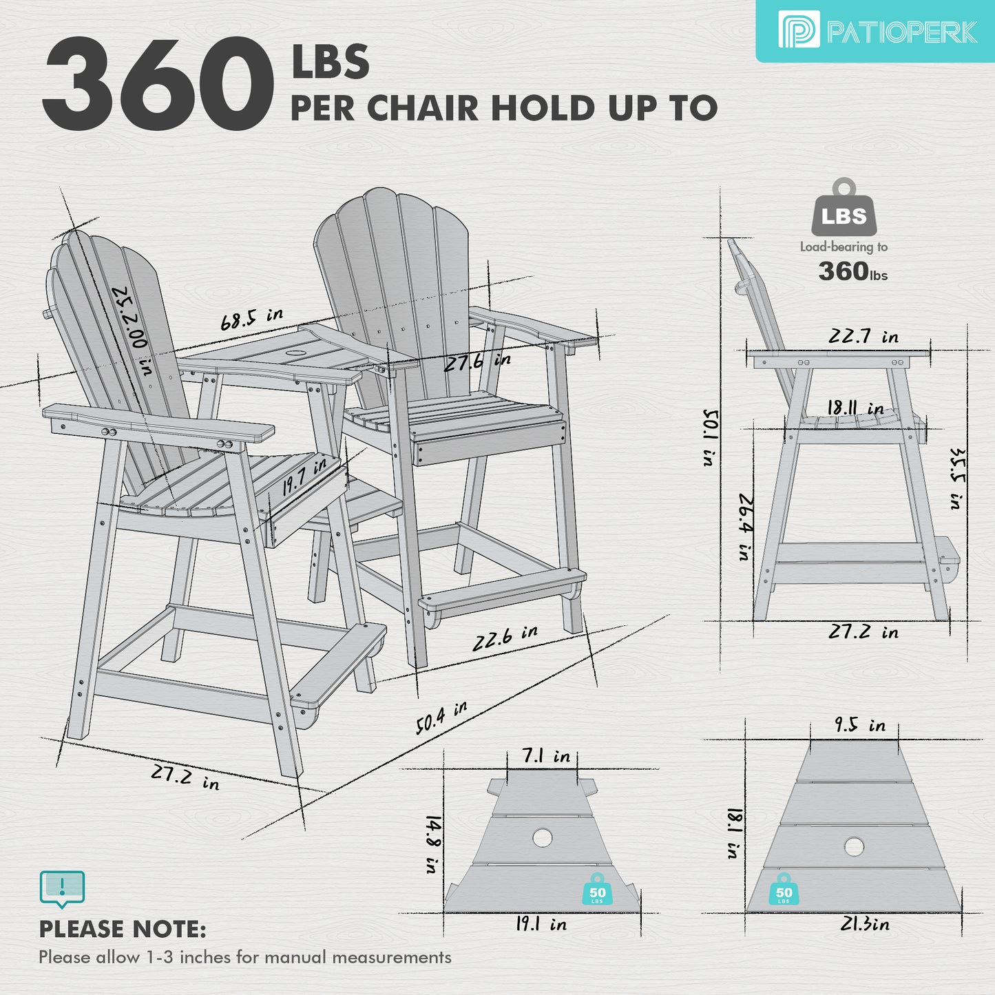 Bar Height HDPE Tall Adirondack Chair Set of 2 with Built-in Shelved Table & Umbrella Slot