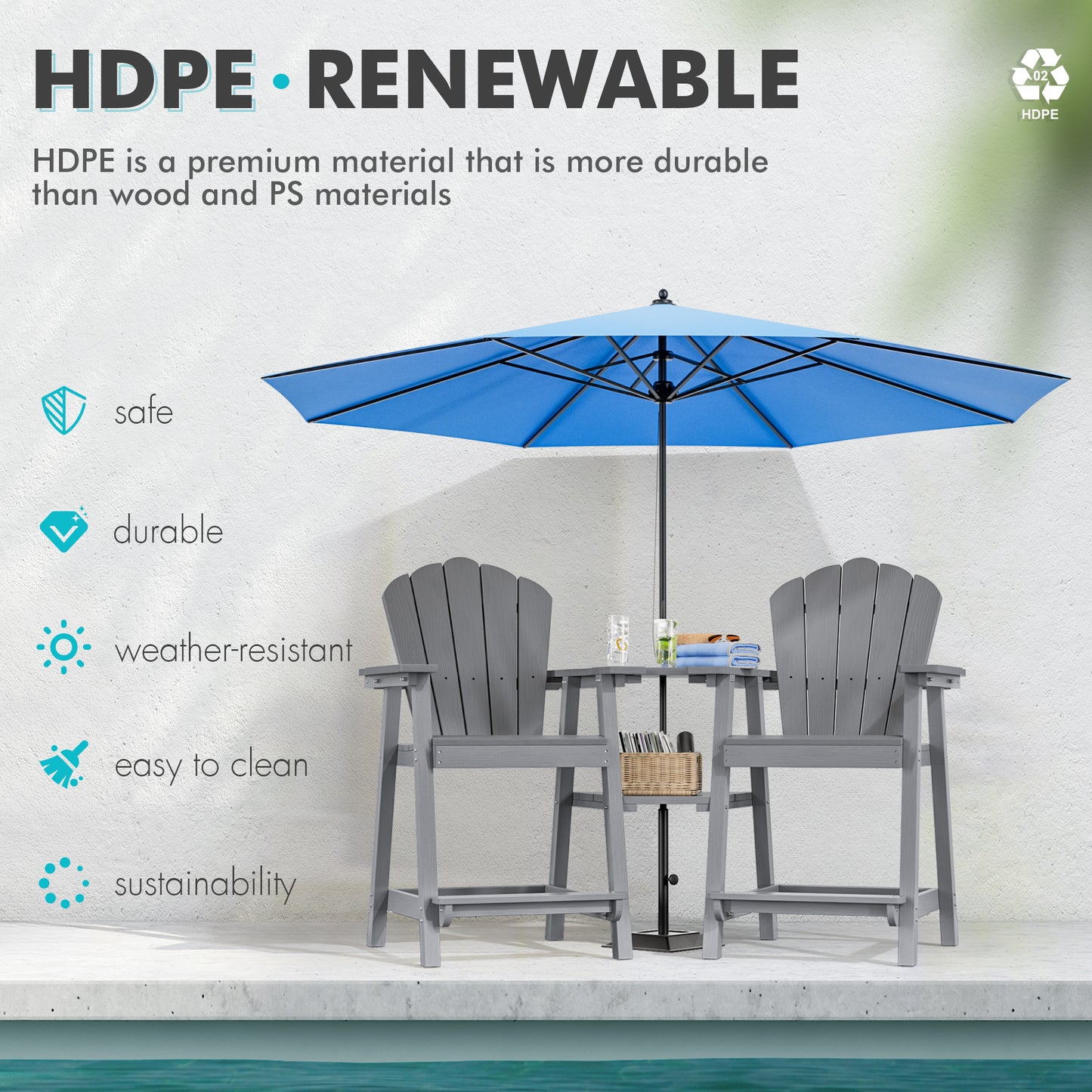 Bar Height HDPE Tall Adirondack Chair Set of 2 with Built-in Shelved Table & Umbrella Slot