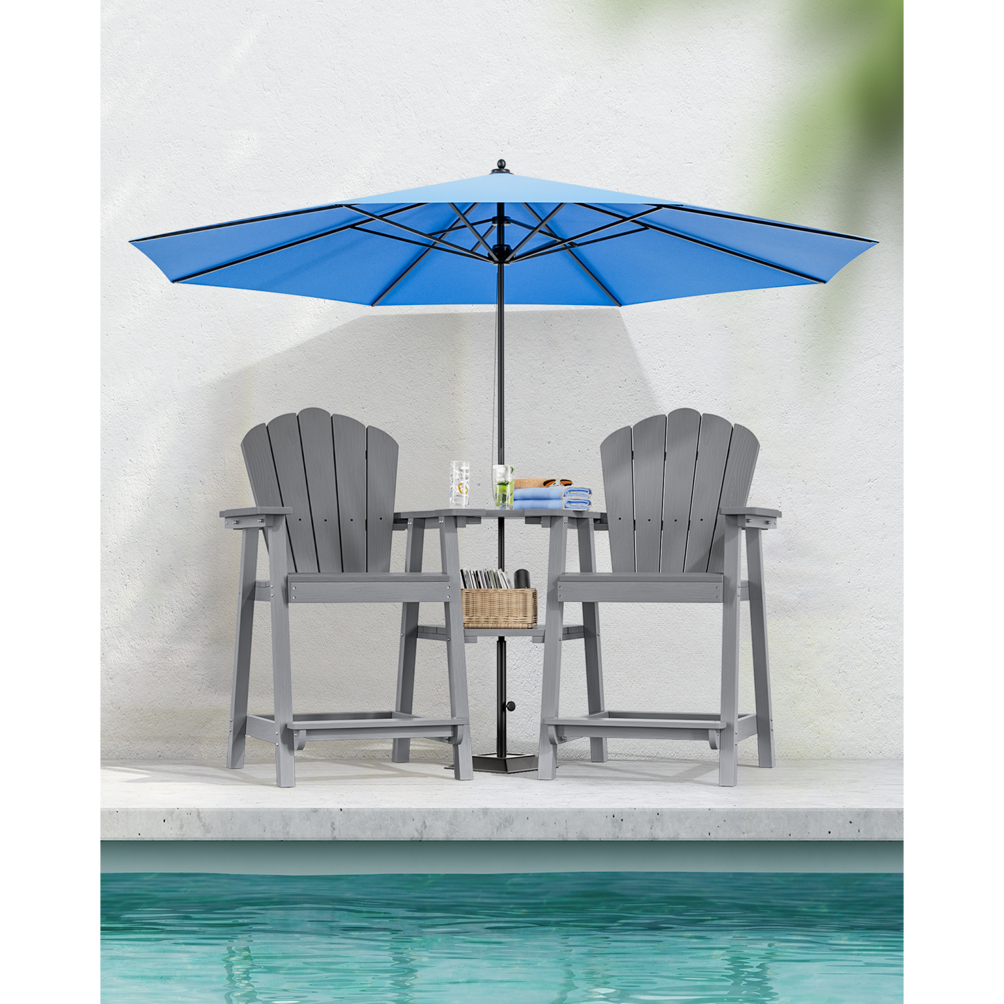 Bar Height HDPE Tall Adirondack Chair Set of 2 with Built-in Shelved Table & Umbrella Slot