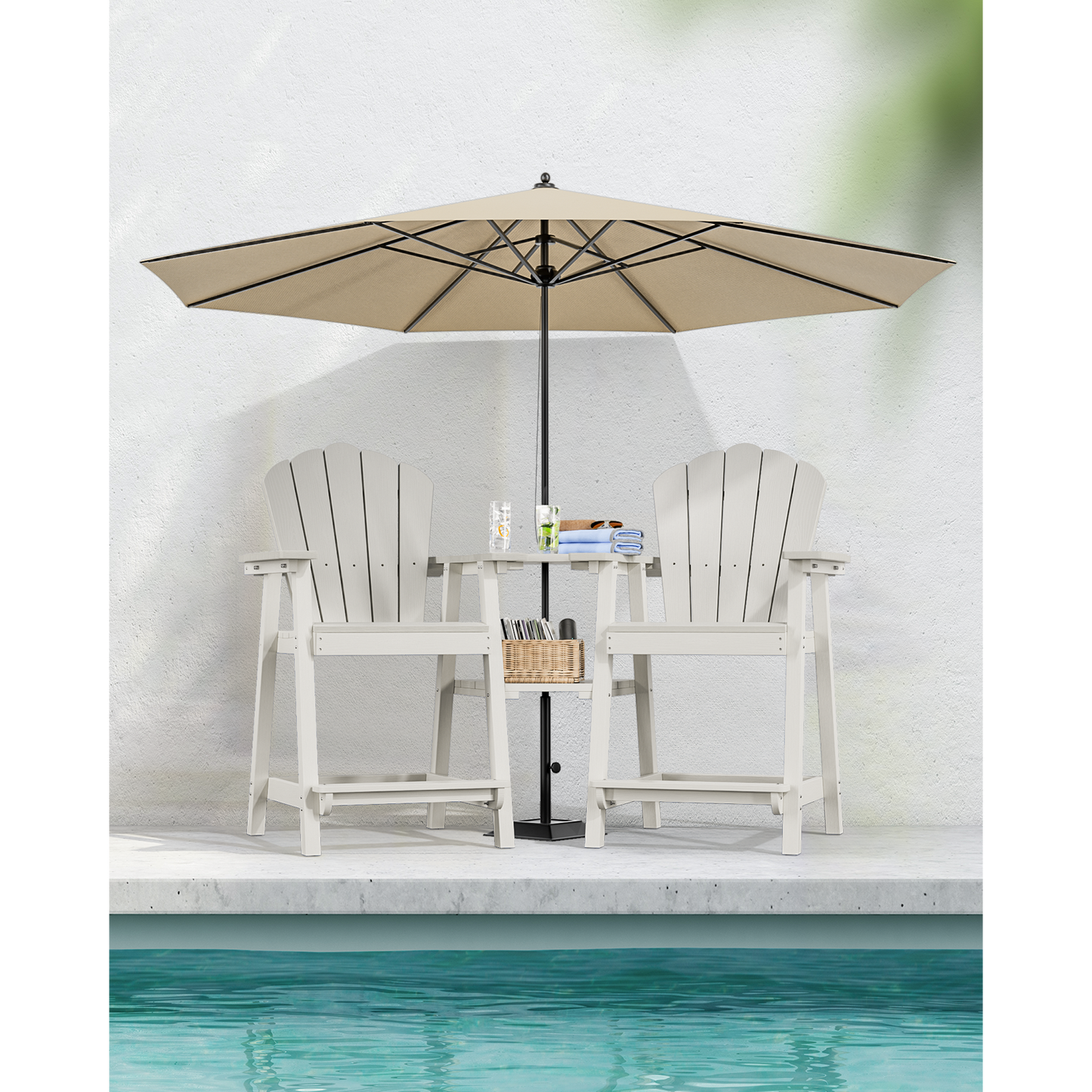 Bar Height HDPE Tall Adirondack Chair Set of 2 with Built-in Shelved Table & Umbrella Slot